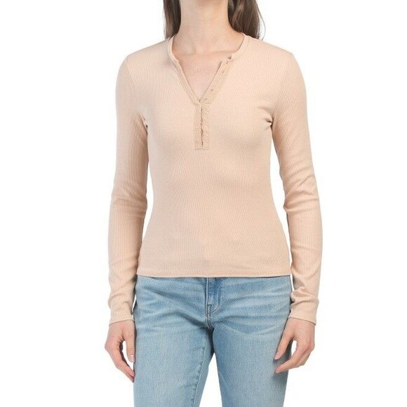 7 For All Mankind womens Ribbed Knit Top size XS Beige Fitted Long Sleeve Henley - Picture 1 of 7